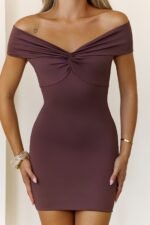 Base Contour In The Studio Off Shoulder Mini Dress Chocolate - Image 4