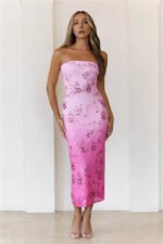 Bloom With Me Strapless Sequin Midi Dress Pink