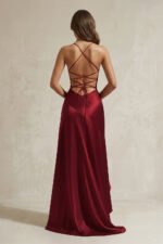 Mermaid High-Low Satin Ruffled Long Prom Dress in Burgundy - Image 3