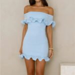 Glimmering Noir Off Shoulder Lace Mini Dress Blue