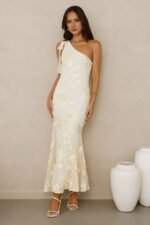 Glossy Girl One Shoulder Mesh Maxi Dress Yellow - Image 3