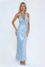 Oceanic Sequin Halter Maxi Dress Blue - Image 2