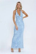 Oceanic Sequin Halter Maxi Dress Blue - Image 5