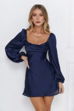 Phoenix Satin Long Sleeve Mini Dress Navy - Image 2
