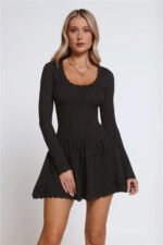 Pretty Portrait Long Sleeve Knit Mini Dress Black - Image 3