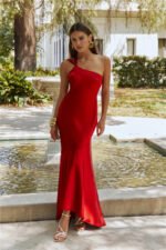 Romantic Affair Satin One Shoulder Maxi Dress Maroon - Image 2