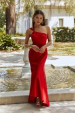 Romantic Affair Satin One Shoulder Maxi Dress Maroon - Image 3