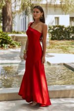 Romantic Affair Satin One Shoulder Maxi Dress Maroon - Image 4