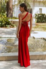 Romantic Affair Satin One Shoulder Maxi Dress Maroon - Image 5