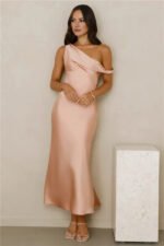 Stylish Season Off Shoulder Satin Midi Dress Peach - Image 3