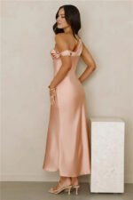 Stylish Season Off Shoulder Satin Midi Dress Peach - Image 4