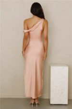 Stylish Season Off Shoulder Satin Midi Dress Peach - Image 5