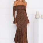 Supreme Off Shoulder Mesh Maxi Dress Chocolate
