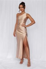 The Aurora One Shoulder Satin Maxi Dress Champagne - Image 5