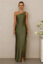 The Aurora One Shoulder Satin Maxi Dress Olive