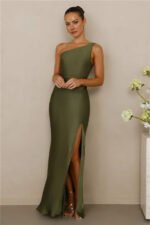 The Aurora One Shoulder Satin Maxi Dress Olive - Image 3