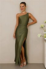 The Aurora One Shoulder Satin Maxi Dress Olive - Image 4