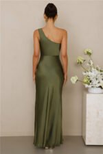 The Aurora One Shoulder Satin Maxi Dress Olive - Image 6