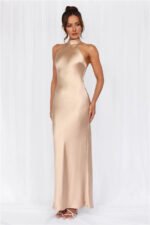 The Cleo Halter Satin Maxi Dress Champagne - Image 2