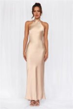 The Cleo Halter Satin Maxi Dress Champagne - Image 3