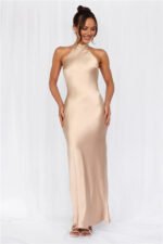 The Cleo Halter Satin Maxi Dress Champagne - Image 7