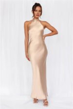 The Cleo Halter Satin Maxi Dress Champagne - Image 8