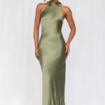 The Cleo Halter Satin Maxi Dress Olive