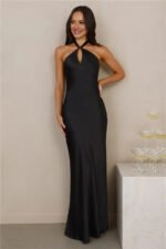 The Delilah Satin Halter Maxi Dress Black - Image 2