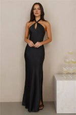 The Delilah Satin Halter Maxi Dress Black - Image 3