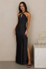 The Delilah Satin Halter Maxi Dress Black - Image 4