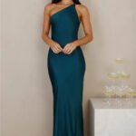 The Evangeline One Shoulder Satin Maxi Dress Teal