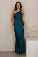 The Evangeline One Shoulder Satin Maxi Dress Teal - Image 2