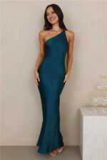 The Evangeline One Shoulder Satin Maxi Dress Teal - Image 3