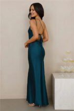 The Evangeline One Shoulder Satin Maxi Dress Teal - Image 4