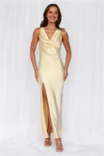 The Loretta Cowl Satin Maxi Dress Yellow - Image 2