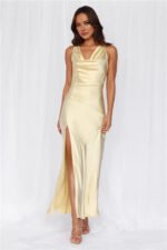 The Loretta Cowl Satin Maxi Dress Yellow - Image 3