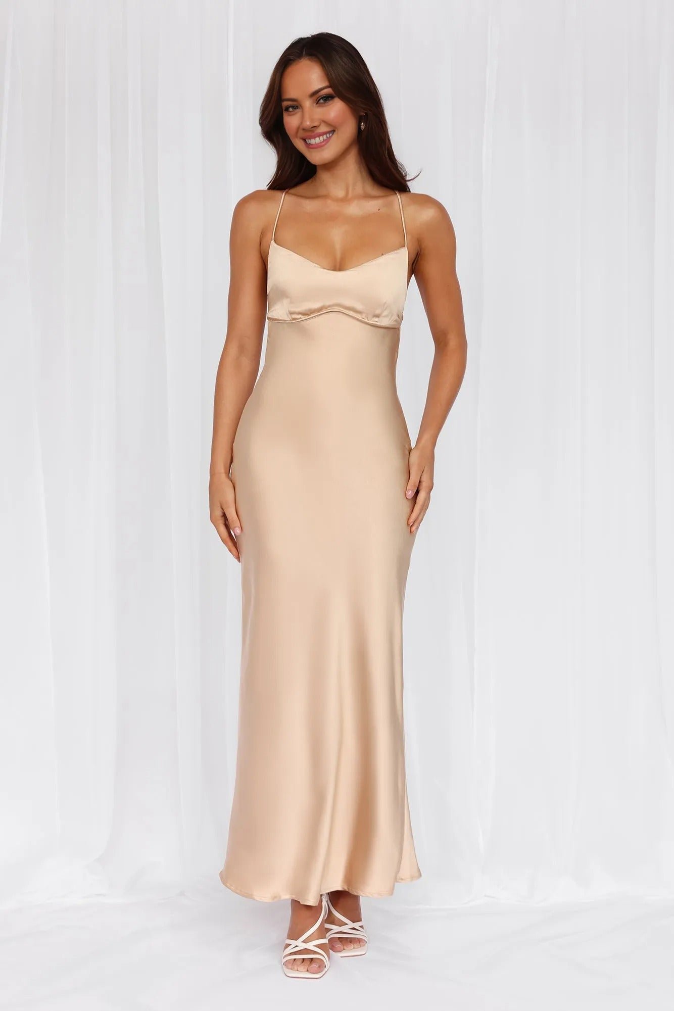 TheSamaraSatinMaxiDressChampagne1 The Samara Satin Maxi Dress Champagne - Image 1