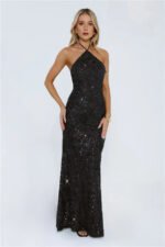 The Sparkling Muse Sequin Halter Maxi Dress Black - Image 3