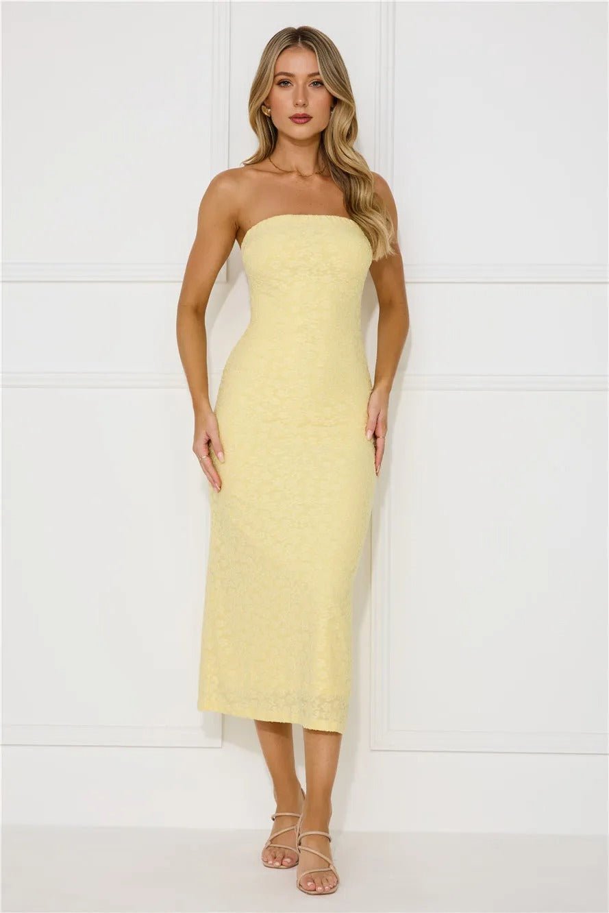 TropicalTangoStraplessMidiDressYellow1 Tropical Tango Strapless Midi Dress Yellow - Image 1