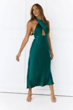 Twilight Glow Satin Halter Midi Dress Green - Image 2