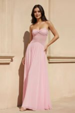 Strapless Pleated Maxi Dress With Scarf in Pink - Image 4