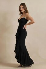 Ruched Maxi Dress With Ruffles in Black - Image 2