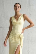 Cowl Neck Ruched Maxi Dress With Slit in Yellow - Image 2