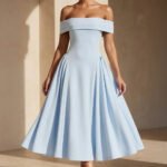 Off The Shoulder Pleated Midi Dress in Sky Blue