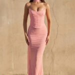 Strapless Pleated Maxi Dress With Scarf in Blush