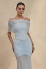 Off The Shoulder Pleated Midi Dress in Sky Blue - Image 5