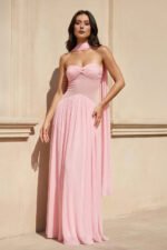 Strapless Pleated Maxi Dress With Scarf in Pink - Image 2