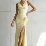 Cowl Neck Ruched Maxi Dress With Slit in Yellow