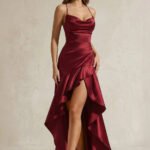 Mermaid High-Low Satin Ruffled Long Prom Dress in Burgundy