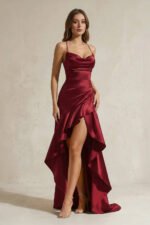 Mermaid High-Low Satin Ruffled Long Prom Dress in Burgundy
